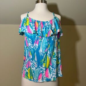 Lilly Pulitzer Tamiami Off Shoulder Ruffle Top in Beach and Bae Sailboat, Large